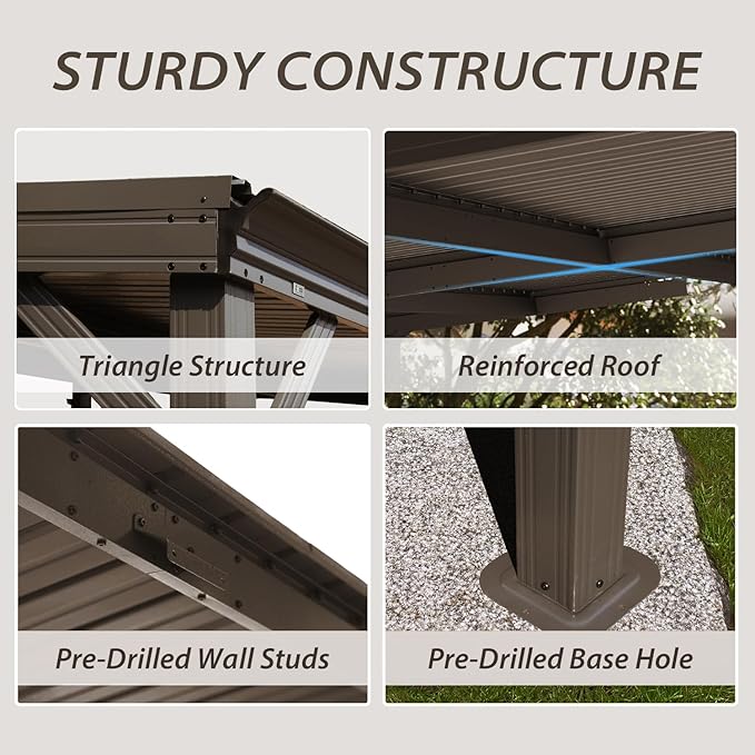 Domi 8'x10' Wall Mounted Hardtop Gazebo, Connectable Lean to Pergola with Gutters & Galvanized Steel Roof, 60MPH Wind Resistance, Outdoor Heavy Duty Metal Awning for Patio, Deck, Backyard - Brown