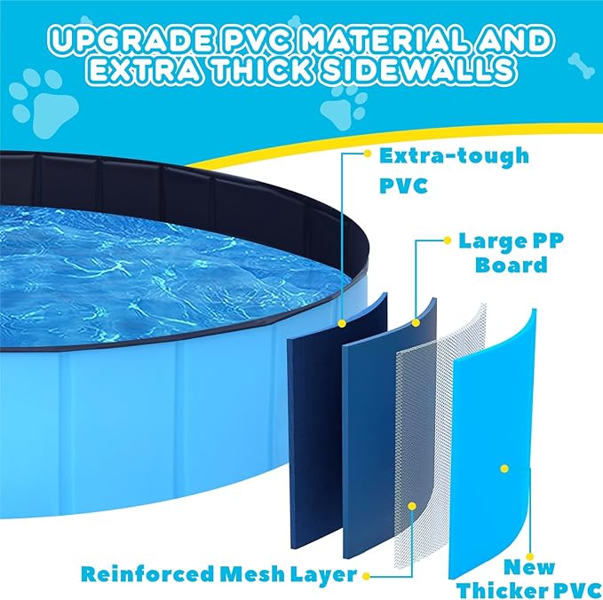 Foldable Dog Pool - 63" x 12" Anti-Slip Portable Dog Swimming Pool, Hard Plastic Collapsible Kiddie Pool for Outdoor and Indoor for Pets Dogs Cats and Kids