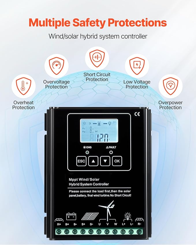 VEVOR 12V 600W Solar Wind Power Kit, 2PCS 100W Solar Panel + 400W Wind Turbine + 12.8V 100Ah LiFePO4 Battery + 1000W Power Inverter + MPPT Hybrid Controller for Home RV Boat Off-Grid Applications