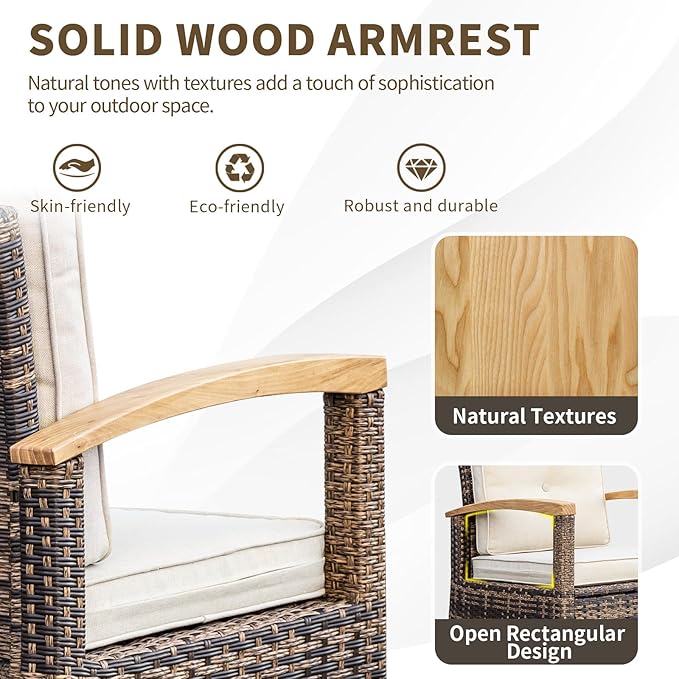 MEISSALIVVE 6 Piece Outdoor Patio Furniture Set, Half-Moon Curved Sectional Set with Wood Armrests, Patio Conversation Set, Tempered Glass Coffee & Side Tables (Brown)
