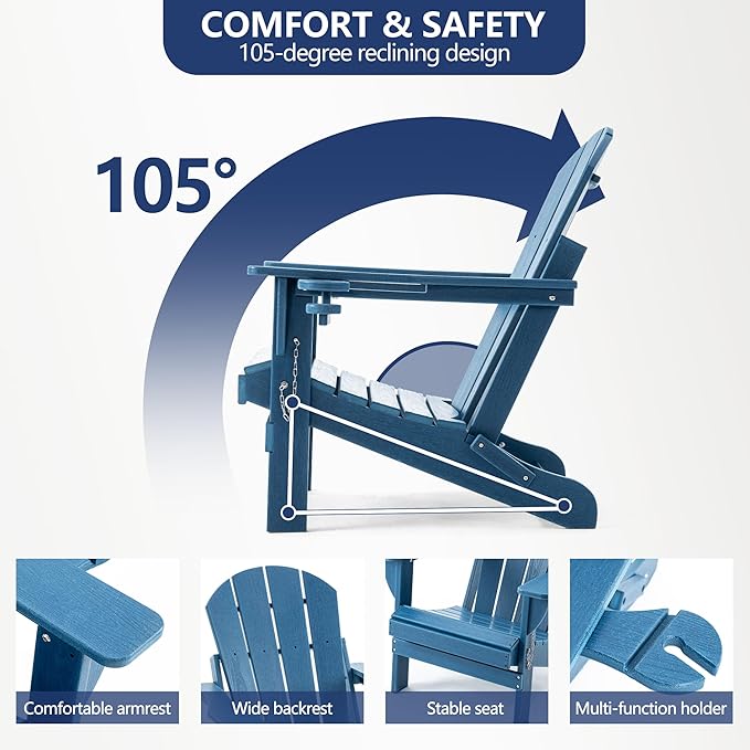 Folding Adirondack Chair, HDPE Outdoor Texture Lawn Chair with Reclining Back, Cup and Phone Holder - Comfortable Firepit Chair Weather Resistant for Patio or Backyard (Blue, Set of 2)