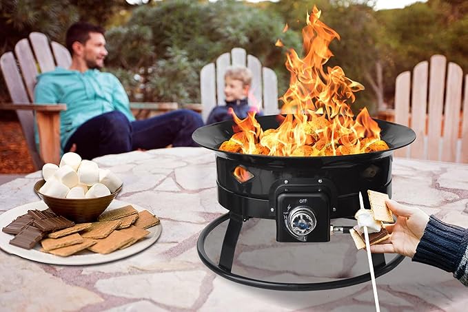 Flame King Smokeless Propane Fire Pit, 19-inch Portable Firebowl, 58K BTU with Self Igniter, Cover, & Carry Straps for RV, Camping, & Outdoor Living