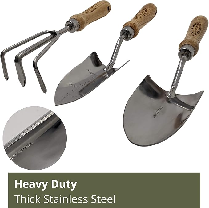Classic 3-Piece Garden Tool Set - Durable Stainless Steel with Wood Handles. Trowel, Rake & Transplanter for Easy Digging, Weeding & Planting - by Truly Garden