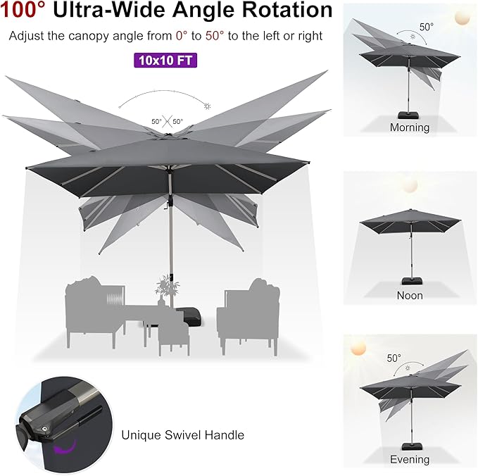 PURPLE LEAF 10' X 10' Left-right Tilting Patio Umbrella Outdoor Swivel Cantilever Umbrella Aluminum Offset Umbrella with Champagne Frame and 360-degree Rotation for Garden Deck Pool, Grey