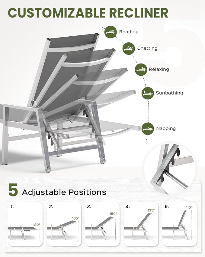 Patio Chaise Lounge Chair Outdoor with Wheels&Armrests, Aluminum Pool Lounge Chairs Five-Position Adjustable Recliner with Side Table, Outdoor Beach Lounge Chairs for Poolside, Deck, Garden, Dark Gray