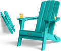Folding Adirondack Chair with Wood Texture, Plastic Adirondack Chairs with 2 Cup Holder, HDPE All-Weather Fire Pit Chairs,Outdoor Lawn Chair for Patio Garden (Lake Blue)