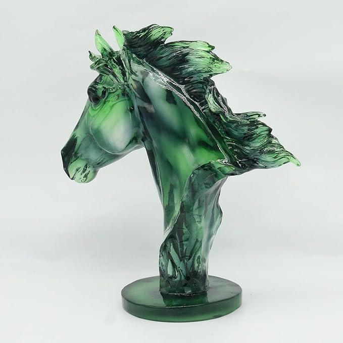 Lukitas Green Horse Head Statue - Modern Abstract Home Decor Sculpture, Elegant Living Room Office Accent Piece, Handcrafted Art Glass-Like Ornament, Transparent Resin 12''