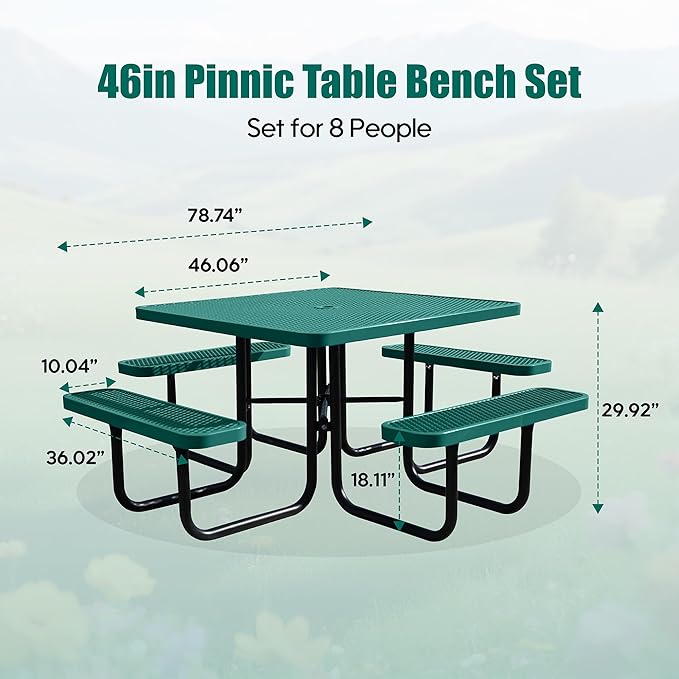 8-Person Picnic Tables for Outdoors, Industrial 46" Expanded Metal Square Picnic Table with 4 Benches & Umbrella Hole, Outside Table and Bench Set for Garden, Backyard, Porch, Patio, Green