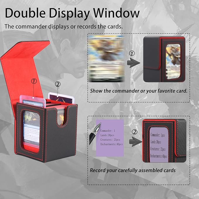 MTG Deck Box, Double Display Window MTG, Commander Deck Box Fits 120+ Single Sleeved Cards, PU Leather Magnetic Closure Card Box with 2 Dividers&2 Toploaders for TCG, CCG, Black/Blue