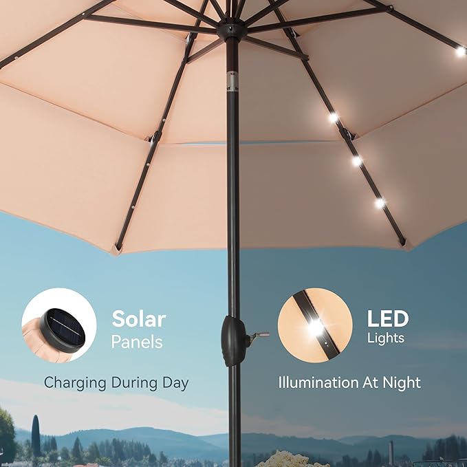 PHI VILLA 10ft Patio Umbrella with Solar Lights, Outdoor 3 Tier Vented Large Market Table Umbrella with 8 Sturdy Ribs and 1.5" Umbrellla Pole for Lawn Poolside Garden Terrace, Beige