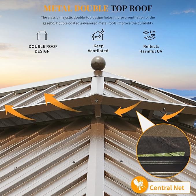 YOLENY 10' x 12' Hardtop Gazebo with Double Galvanized Steel Roof, Pergolas Aluminum Frame, Curtains and Netting Included, Metal Outdoor Gazebos for Patios, Garden, Lawns, Parties