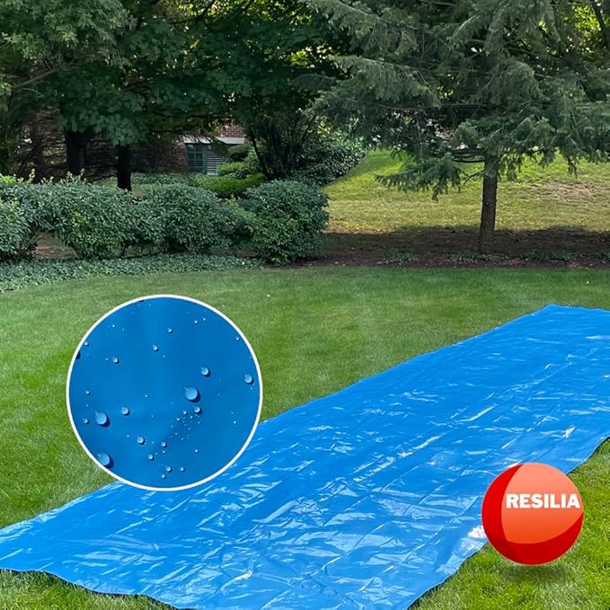 RESILIA - Super Slip Lawn Water Slide Giant, 75 Feet Long x 12 Feet Wide, for Adults and Teens, Powder Blue with Hold Steady Stakes, Made in The USA