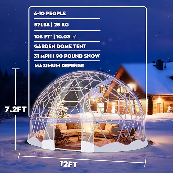 Garden Dome Bubble Tent House Outdoor, Upgraded Geodesic Dome Greenhouse with Transparent PVC Cover, Weatherproof Greenhouse Suitable for Patio (WHITE-12FT)