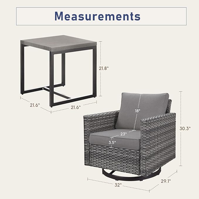Outdoor Rocker Chairs - Patio Swivel Chair Set, Two Wicker Chairs with One Side Table, Grey