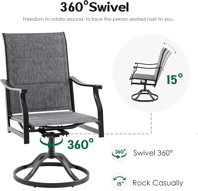 Swivel Patio Chairs Set of 6, Outdoor Patio Dining Chairs with Padded Textilene, Swivel & Rocker Metal Outdoor Dining Chairs All-Weather for Backyard, Grey Fabric with Black Frame