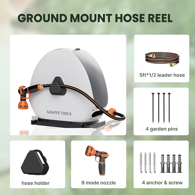 Giraffe Tools Heavy Duty Retractable Hose Reel, 130FT 1/2 Inch Automatic Rewind Garden Hose Reel with Flexible Swivel Base, Ground Mount for Lawn, Patio, and Concrete Floor