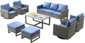Wicker Outdoor Patio Furniture Set - 8 Piece Patio Conversation Set with 4 Swivel Rocker Chairs,2 Rattan Ottoman,1 Couch and 1 Metal Coffee Table for Outside Porch Deck Backyard(Mixed Grey/Blue)