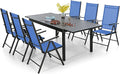 PHI VILLA 7 Piece Outdoor Patio Dining Set, Adjustable Folding Patio Chairs Reclining (Blue) with Extendable Metal Steel Dining Table for Outdoor, Garden, Lawn