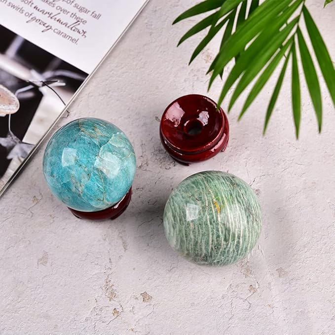 JIC Gem Amazonite Crystal Ball with Wood Stand Gemstone Sphere,Healing Crystal Balls for Reiki Chakra Decoration Fengshui (30-40mm)
