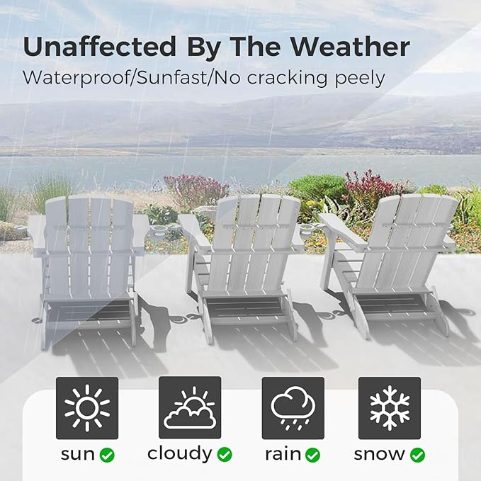 Folding Adirondack Chair with Wood Texture, HDPE All-Weather Fire Pit Chairs, Plastic Adirondack Chairs with 2 Cup Holder, Outdoor Lawn Chair for Patio Garden (White)
