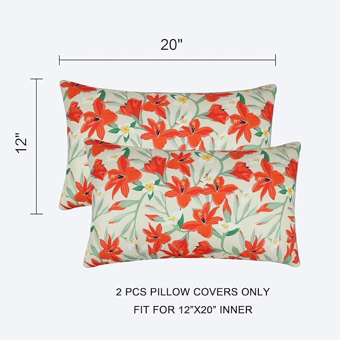 Pyonic Outdoor Pillows Cover Pack of 2 Floral Waterproof Throw Pillow Covers 12X20 inch Outdoor Lumbar Pillows for Patio Furniture Garden Outside Waterproof Pillow