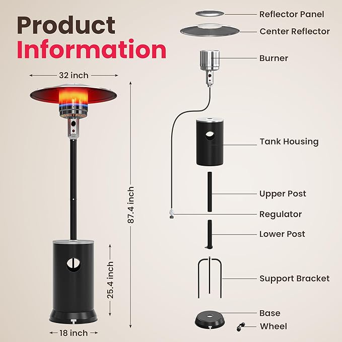 PAMAPIC 48000 BTU Patio Heater with high-strength waterproof cover, Propane Heater for Outdoor Use 2 in 1 Table Design, Double-Layer Stainless Steel Burner,Residential, Gray (Black)