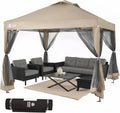 CROWN SHADES Gazebo 10x10 Pop Up Canopy with Mosquito Netting, Screen Tent with 4 Ropes, 8 Stakes, 4 Sandbags and Wheeled Storage Bag, Canopy for Patio & Backyard, Beige