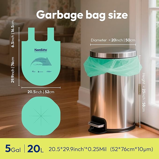 5 Gallon 200 Counts Small Green Trash Bags with Handle, Ocean Fishing Nets Upcycling, Sage & Sea Salt Scented, Plastic Garbage Bags, Waste Bag for Kitchen, Bathroom, Office and Pets