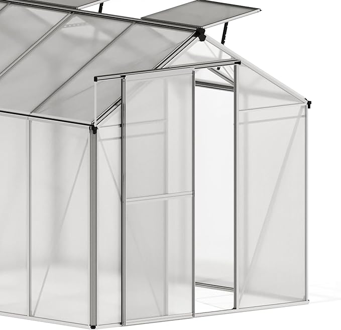 Greenhouse Jasmin 3 Aluminum Frame - 6.3 x 6.3 ft Approx. 6 mm Polycarbonate Panels - Bonus Base Frame and Automatic Vent Opener