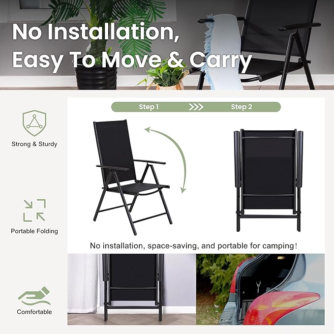 PHI VILLA 7 Piece Patio Dining Furniture Set with Umbrella, Outdoor Table and Chairs for 6, Foldable Patio Dining Chairs (Black) with Adjustable Backrest & Metal Dining Table for Garden, Deck