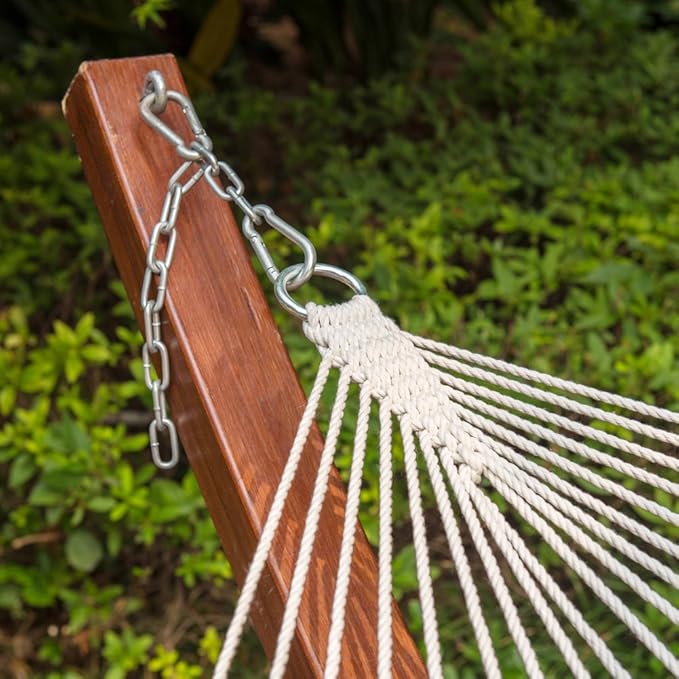 Lazy Daze Hammocks Double Rope Hammock, 2 Person Traditional Outdoor Hand Woven Cotton Rope Hammock with Spreader Bar, Chains, Tree Straps for Patio Yard - Max 450 Lbs, Natural