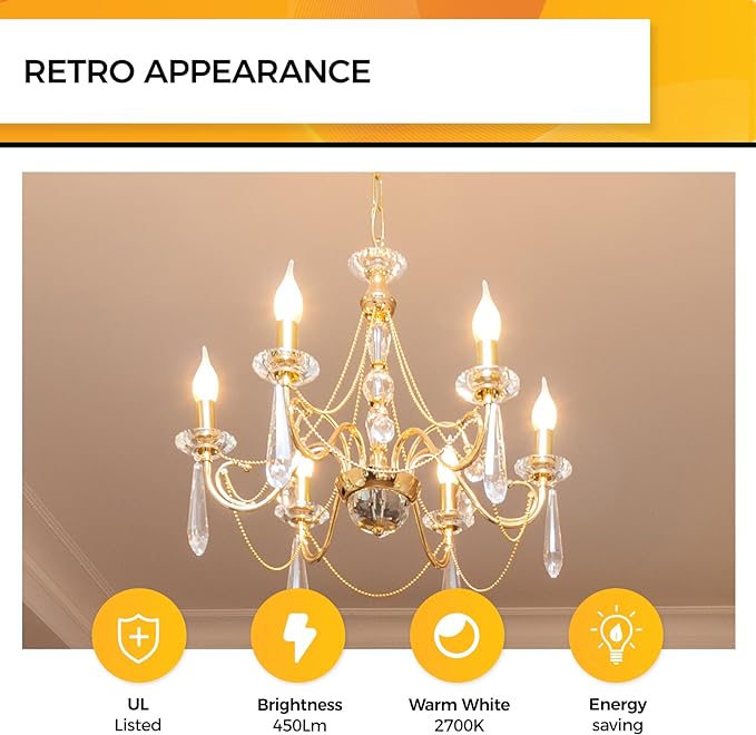 Hizashi 90+ CRI LED Candelabra Bulb 40W Equivalent E12 LED Bulb Dimmable 2700K Soft Warm White, Chandelier Light Bulbs, 4W 450LM Flame Tip CA10 Candle Light Bulbs, UL Listed - 12 Pack
