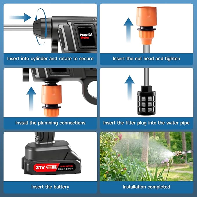 Cordless Pressure Washer Battery Operated, 60Bar/870 PSI Electric Pressure Washer,1500W Portable Battery Power Washer, Handheld High Pressure washers with Nozzles, 2 Battery, 5m Hose for Car/Garden