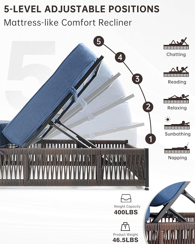 Luxury 2PCS Outdoor Chaise Lounge and Side Table Set with 5 Inch Thick Cushions - High Back Brown Wicker Patio Recliners Chairs Lounger for Poolside Pool Porch Garden Sunbathing - Navy Blue
