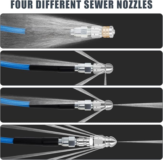 150 FT Sewer Jetter Kit for Pressure Washer, 5800PSI Water Jet Drain Cleaner Hose, 1/4 Inch NPT Corner with 4 Sewer Jetting Nozzles, Pearl Corsage Pin, Waterproof Tape, Handle Strap&2 Spanner (Blue)
