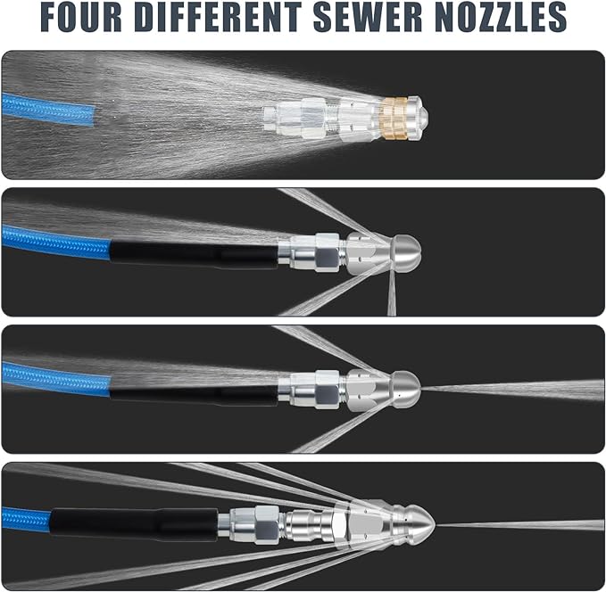 50 FT Sewer Jetter Kit for Pressure Washer, 5800PSI Water Jet Drain Cleaner Hose, 1/4 Inch NPT Corner with 4 Sewer Jetting Nozzles, Pearl Corsage Pin, Waterproof Tape, Handle Strap&2 Spanner (Blue)