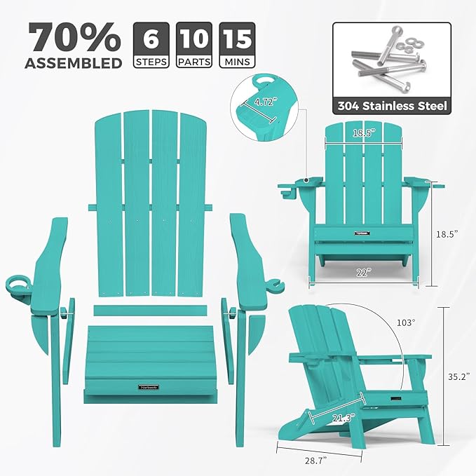 Folding Adirondack Chair Wood Texture 2 Pack, HDPE All-Weather Fire Pit Chairs, Plastic Adirondack Chairs with 2 Cup Holder, Outdoor Lawn Chair for Patio Garden (Lake Blue)