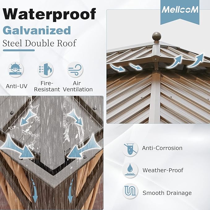 MELLCOM 12'x16' Hardtop Gazebo, Galvanized Steel Metal Double Roof Canopy with Curtains and Netting, Brown Permanent Pavilion Gazebos with Aluminum Frame for Patio, Lawn & Garden