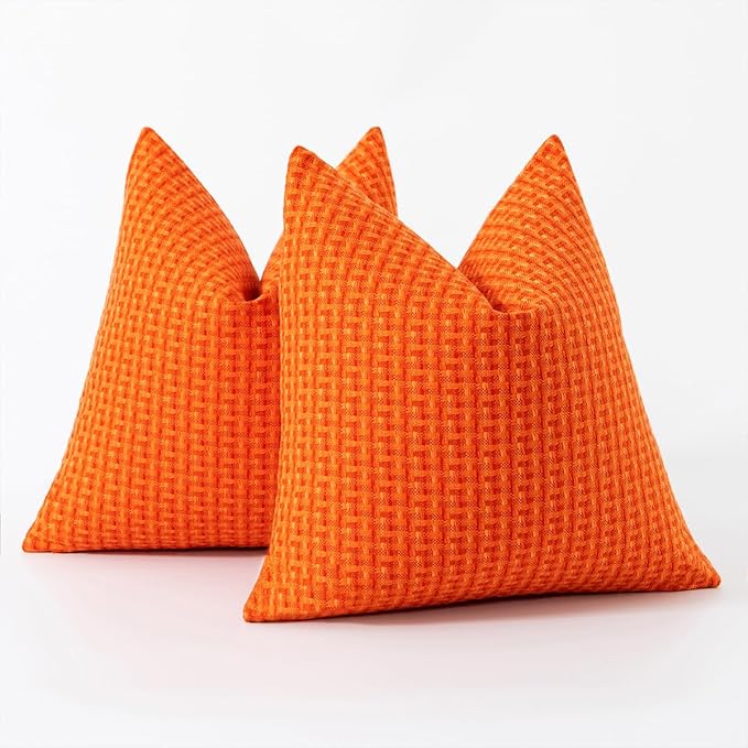 Kevin Textile Fall Outdoor Waterproof Throw Pillow Covers Pack of 2 Weaving Texture Water Resistant Outside Decorative Cushion Covers for Garden Patio Tent Balcony Bench Couch Sofa 16x16 Inch, Orange