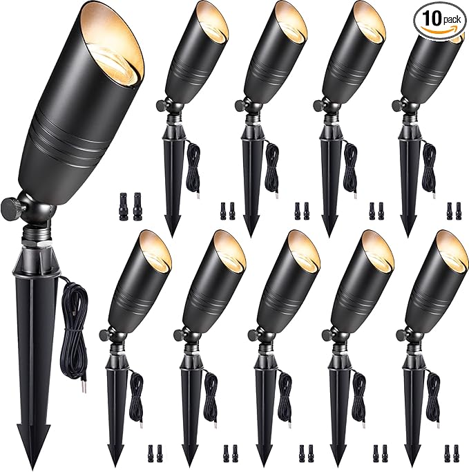 Gardenreet Low Voltage Spotlight LED - 12V Black Outdoor Light Fixture Weather Proof, Brass Landscape Lights Hardwired, Coastal for Flag Sign Without Bulbs (10 Pack)