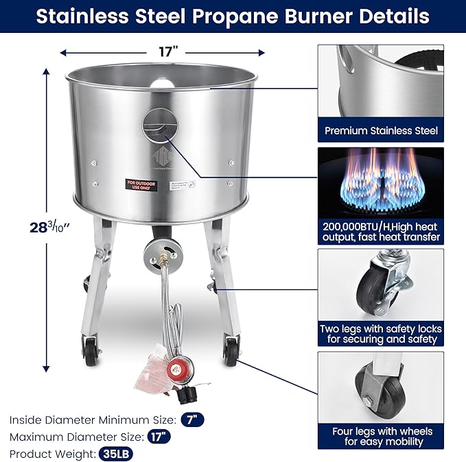 ARC 52QT Stainless Steel Stockpot With 200,000BTU Propane Burner, Seafood Boil Pot and Burner with Basket and Steamer Rack, Cookware for Crawfish Crab Shrimp Lobster Boil, Turkey Fryer, Tamale Steamer