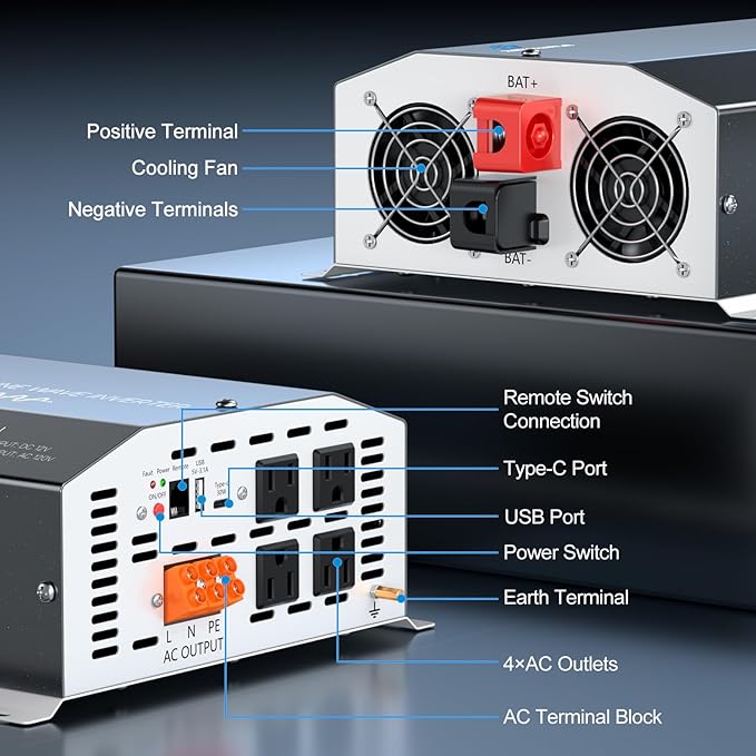 4000 Watt Pure Sine Wave Inverter 12v DC to 110v 120v AC Converter,8000W Peak Power Inverter with 4 AC Outlets,USB Port,Type-C,Remote Control LCD Display for Truck, RV, Vehicles, Solar Off-Grid