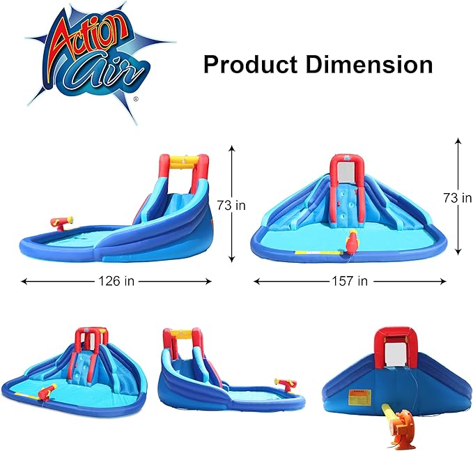 Action Air Water Slide, Inflatable Waterslide with Large Pool, Blue Bounce House with Double Slide and Climbing Wall