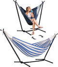 SUNCREAT 2-in-1 Convertible Free Standing Hammock with Stand Included, Camping Backyard Hammock with Stand, Patent Pending, Blue & White Stripe