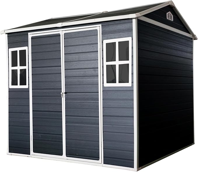 Outdoor Storage Shed with Two-Window and Double-Door, Resin Storage Shed with Lockable Door, Plastic Shed with Floor for Gargen, Patio, Yard, Lawn (Black, 8 x 6 FT)