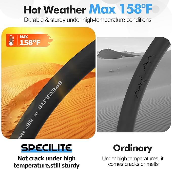 SPECILITE 5/8" Hot/Cold Garden Hose 75 ft with Industrial High Pressure Nozzle, Flexible & Lightweight, 600psi Burst Rubber Water hose -50℉-158℉ With 3/4"Stainless Steel Fittings for Yard, Black