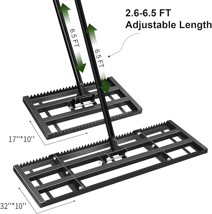 Lawn Leveling Rake-17"x10" Heavy Duty Leveler Reinforced Landscape Tool, Steel Lawn Rake with Serrated Edge & Smooth Plate for Level Soil Compost Sand Grass Dirt Yard Garden 6.5FT Adjustable Handle