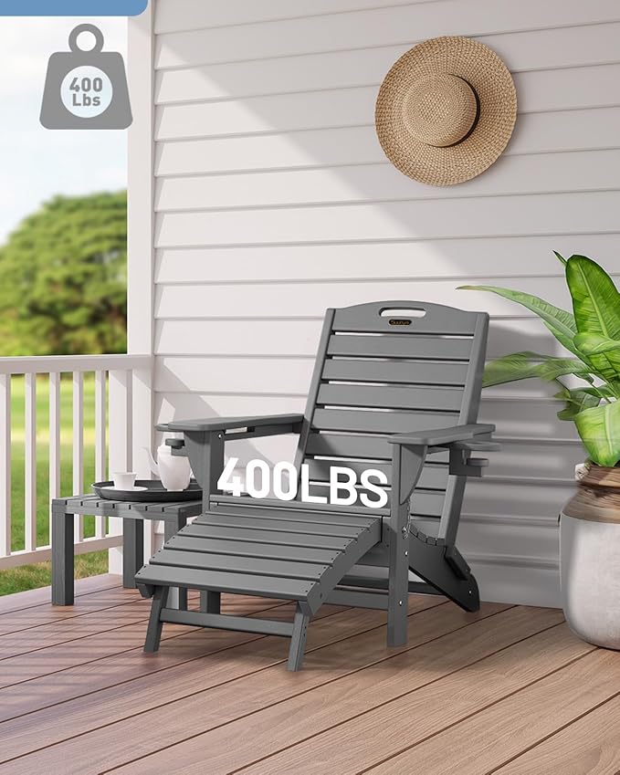 Folding Adirondack Chairs Set of 2,Adirondack Chair with Retractable Ottoman,Plastic Adirondack Chairs with 2 Cup Holder,Weather Resistant Patio Chair,Outdoor Chairs Set of 2(Grey)