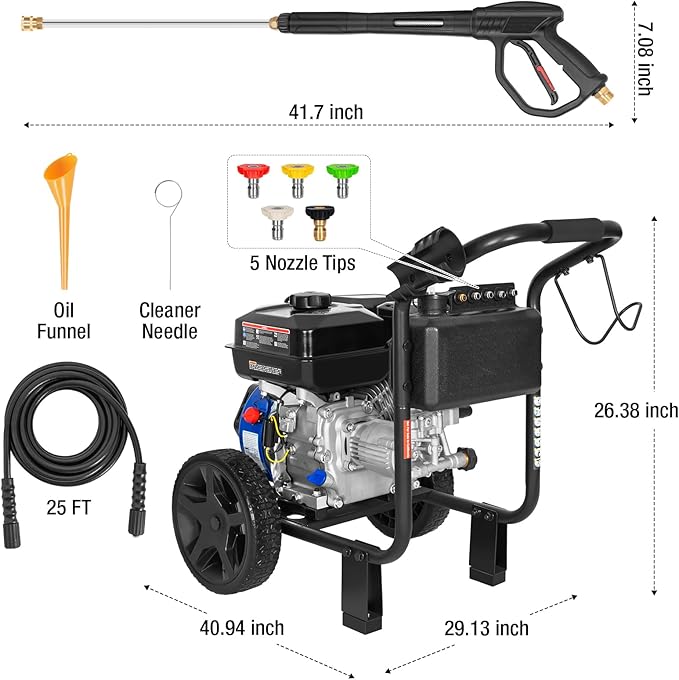 BILT HARD Gas Pressure Washer, 3500 PSI 2.5 GPM, Gas Powered Pressure Washer with Copper Pump, Spray Gun and Extension Wand, 5 Quick Connect Nozzles, for Cleaning Cars, Homes, Driveways, Patios