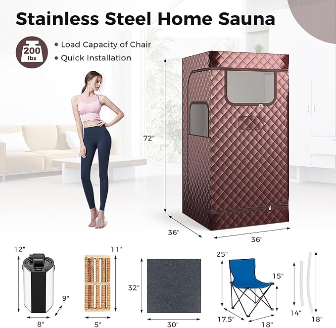 Giantex Portable Sauna Box, Full Body Steam Sauna for Home with 3L Generator, Remote Control, Folding Chair & Wooden Foot Roller, Lightweight Single Person Sauna Tent, 36" x 36" x 72", Coffee